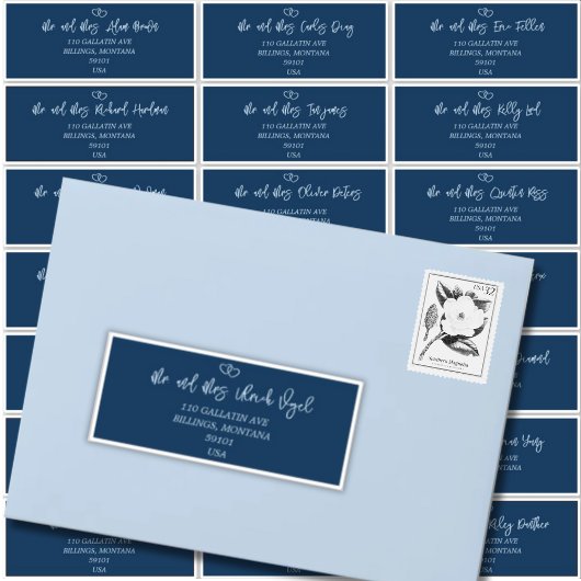 Elegantes Script Indigo Wedding Guest Address Labe Aufkleber