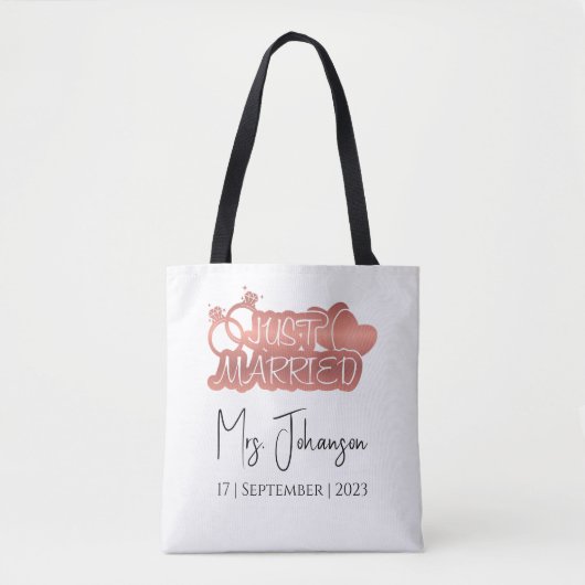 Elegantes Script Just Married Rose Gold Flitterwoc Tasche (Vorderseite)