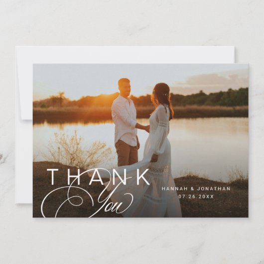 Elegantes Script Landscape Wedding Foto Dankeskarte (Vorderseite)