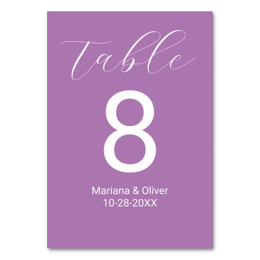 Elegantes Script Lavender Wedding Tischnummer (Vorderseite)