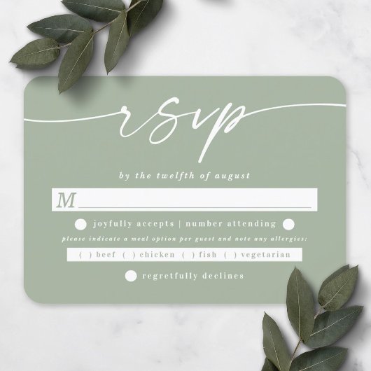Elegantes Script Leaf Green Wedding Meal Choice RSVP Karte