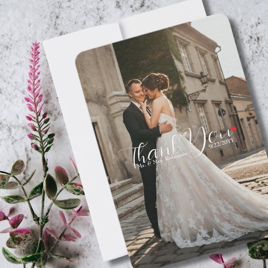Elegantes Script Liebe Heart Wedding Foto Dankeskarte
