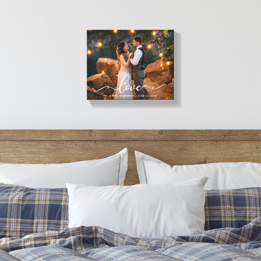 Elegantes Script-Liebe Wedding Bride Groom Foto Leinwanddruck (Insitu (Schlafzimmer))