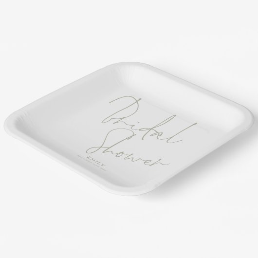 Elegantes Script Light Sage Name Brautparty Pappteller (Gewinkelt)