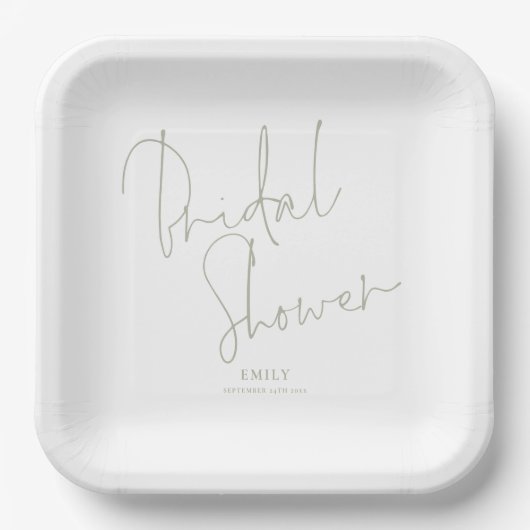 Elegantes Script Light Sage Name Brautparty Pappteller (Vorderseite)