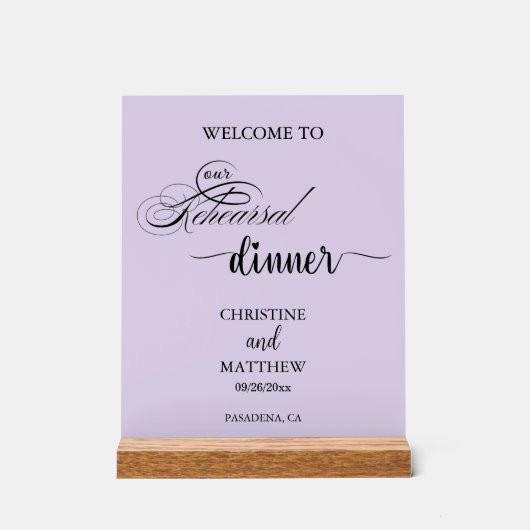 Elegantes Script Lila Probe Dinner Willkommen Acrylschild (Vorderseite)