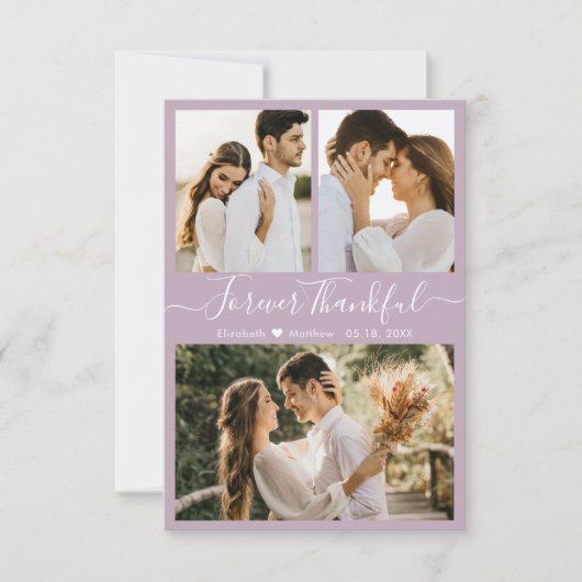 Elegantes Script Lilac 3 Foto Collage Wedding Dankeskarte (Vorderseite)