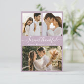 Elegantes Script Lilac 3 Foto Collage Wedding Dankeskarte (Stehend Vorderseite)