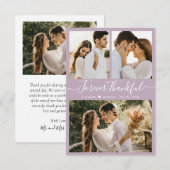 Elegantes Script Lilac 3 Foto Collage Wedding Dankeskarte (Vorne/Hinten)