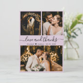 Elegantes Script Lilac 3 Foto Collage Wedding Dankeskarte (Stehend Vorderseite)