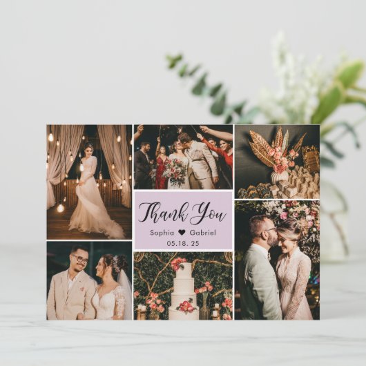 Elegantes Script Lilac Wedding Multi Foto Collage Dankeskarte (Stehend Vorderseite)