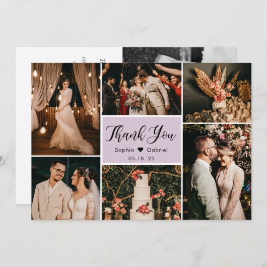 Elegantes Script Lilac Wedding Multi Foto Collage Dankeskarte (Vorne/Hinten)