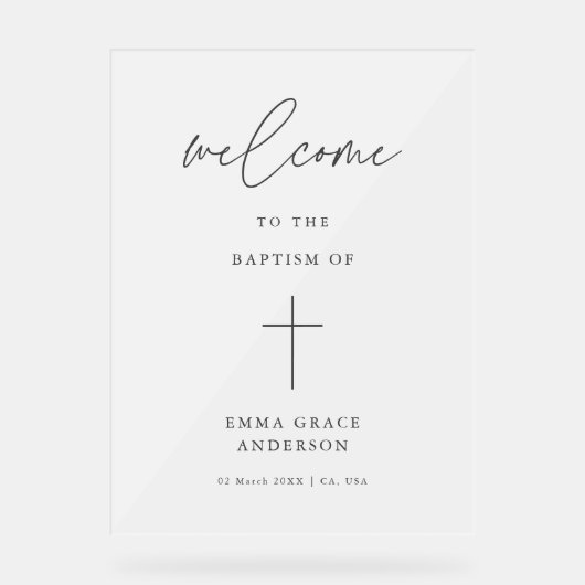 Elegantes Script Mattierte Taufe Willkommen Acrylschild (Vorderseite)