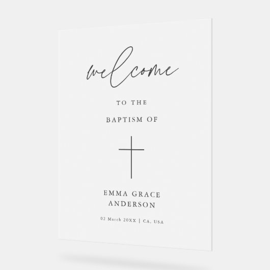 Elegantes Script Mattierte Taufe Willkommen Acrylschild (Winkel)