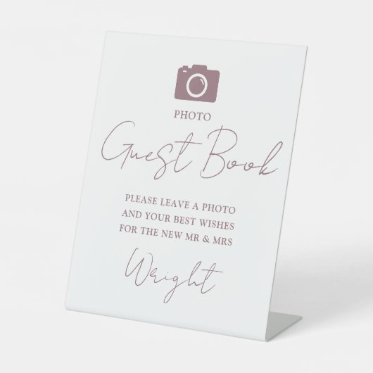 Elegantes Script Mauve Foto Gästebuch Hochzeit Sockelschild (Vorderseite)