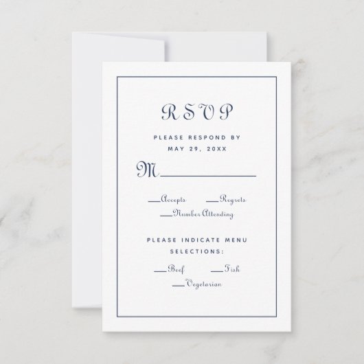 Elegantes Script Meal Blue White Wedding Enclosure RSVP Karte (Vorderseite)