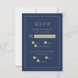 Elegantes Script Meal Wedding Enclosure Blue Gold RSVP Karte