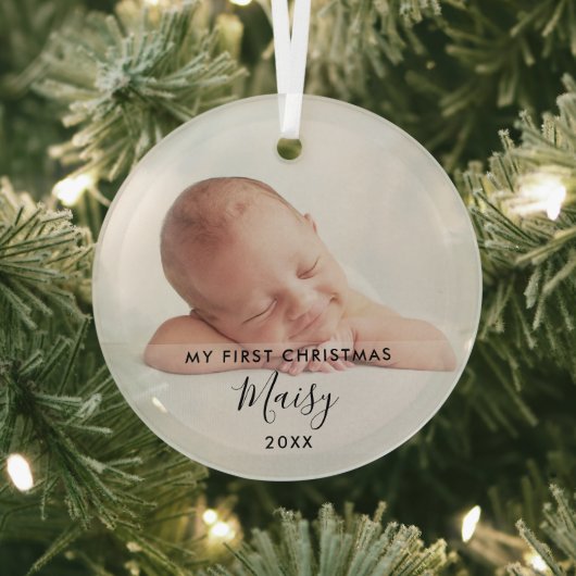 Elegantes Script Mein erstes Weihnachtsbaby-Foto Ornament Aus Glas (InSitu)