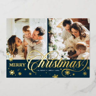 Elegantes Script 'Merry Christmas' 2 Foto Gold Foi Folien Feiertagskarte