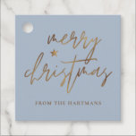 Elegantes Script Merry Christmas Gold Star Blue Geschenkanhänger<br><div class="desc">Diese stilvollen Weihnachtsgeschenke-Tags sind mit elegantem Typografie-Lesen,  "Frohe Weihnachten" in den Imitaten goldenen Folie,  zusammen mit einem kleinen Star-Akzent. Die Hintergrundfarbe kann auf jede gewünschte Farbe angepasst werden! Die Rückseite enthält Imitate mit goldenen Streifen aus der Folie. Ideal für den Einsatz als Geschenketiketten oder Gastgeschenk Tags!</div>