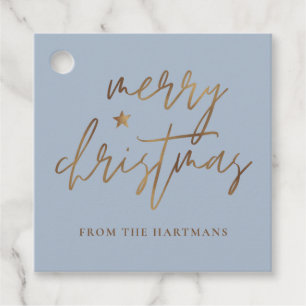 Elegantes Script Merry Christmas Gold Star Blue Geschenkanhänger