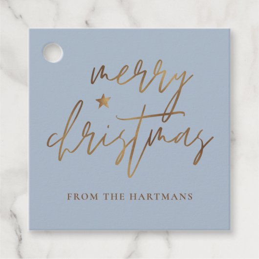 Elegantes Script Merry Christmas Gold Star Blue Geschenkanhänger (Vorderseite)