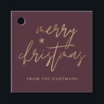 Elegantes Script Merry Christmas Gold Star Burgund Geschenkanhänger<br><div class="desc">Diese stilvollen Weihnachtsgeschenke-Tags sind mit elegantem Typografie-Lesen,  "Frohe Weihnachten" in den Imitaten goldenen Folie,  zusammen mit einem kleinen Star-Akzent. Die Hintergrundfarbe kann auf jede gewünschte Farbe angepasst werden! Die Rückseite enthält Imitate mit goldenen Streifen aus der Folie. Ideal für den Einsatz als Geschenketiketten oder Gastgeschenk Tags!</div>
