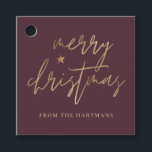 Elegantes Script Merry Christmas Gold Star Burgund Geschenkanhänger<br><div class="desc">Diese stilvollen Weihnachtsgeschenke-Tags sind mit elegantem Typografie-Lesen,  "Frohe Weihnachten" in den Imitaten goldenen Folie,  zusammen mit einem kleinen Star-Akzent. Die Hintergrundfarbe kann auf jede gewünschte Farbe angepasst werden! Die Rückseite enthält Imitate mit goldenen Streifen aus der Folie. Ideal für den Einsatz als Geschenketiketten oder Gastgeschenk Tags!</div>