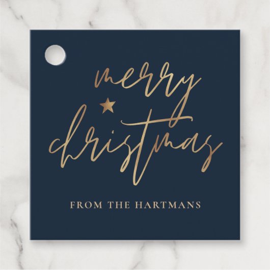 Elegantes Script Merry Christmas Gold Star Navy Bl Geschenkanhänger (Vorderseite)