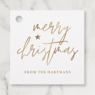 Elegantes Script Merry Christmas Gold Star White Geschenkanhänger