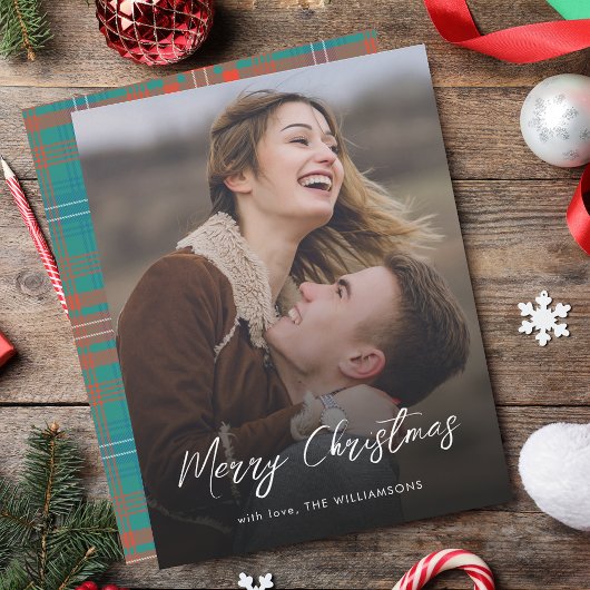 Elegantes Script Merry Christmas Wilson Tartan Fot Mitteilungskarte