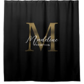 Elegantes Script Metallic Black Gold Monogramm Duschvorhang (Vorderseite)
