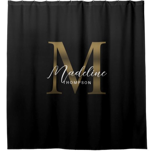 Elegantes Script Metallic Black Gold Monogramm Duschvorhang (Vorderseite)