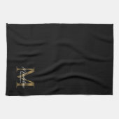 Elegantes Script Metallic Black Gold Monogramm Geschirrtuch (Horizontal)