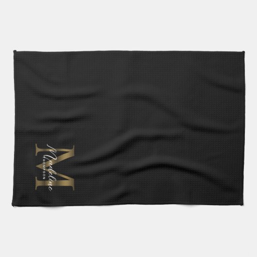 Elegantes Script Metallic Black Gold Monogramm Geschirrtuch (Horizontal)