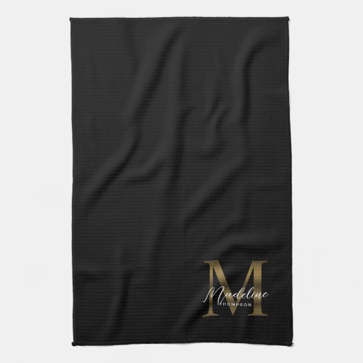 Elegantes Script Metallic Black Gold Monogramm Geschirrtuch (Vertikal)