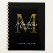 Elegantes Script Metallic Black Gold Monogramm Planer (Vorderseite)