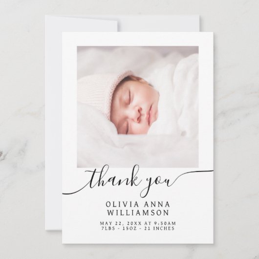 Elegantes Script Minimal 2 Foto Babydusche Dankeskarte (Vorderseite)