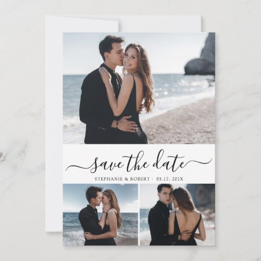 Elegantes Script Minimal 3 Foto Collage Wedding Save The Date (Vorderseite)