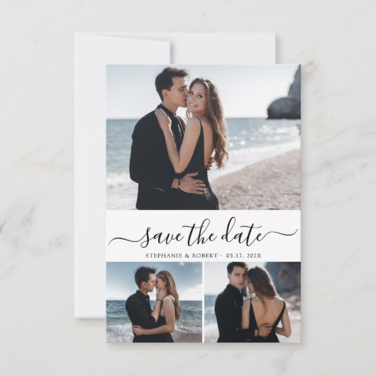 Elegantes Script Minimal 3 Foto Collage Wedding Save The Date (Vorderseite)