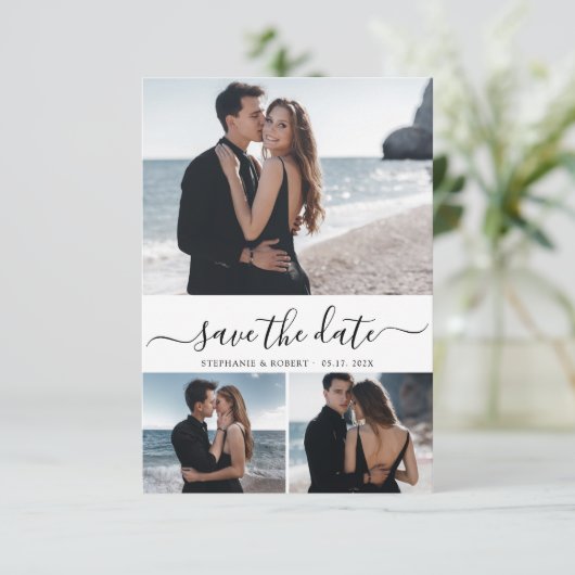 Elegantes Script Minimal 3 Foto Collage Wedding Save The Date (Stehend Vorderseite)