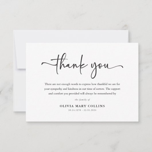 Elegantes Script Minimal Beerdigung Dankeskarte (Vorderseite)