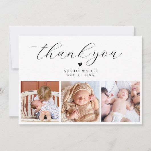 Elegantes Script Minimal Foto Collage Baby Dusche Dankeskarte (Vorderseite)