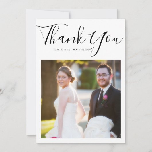 Elegantes Script Minimal Wedding Foto Vielen Dank Dankeskarte (Vorderseite)