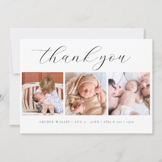Elegantes Script Minimalistisch 3 Foto New Baby Dankeskarte (Vorderseite)