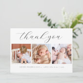 Elegantes Script Minimalistisch 3 Foto New Baby Dankeskarte (Stehend Vorderseite)