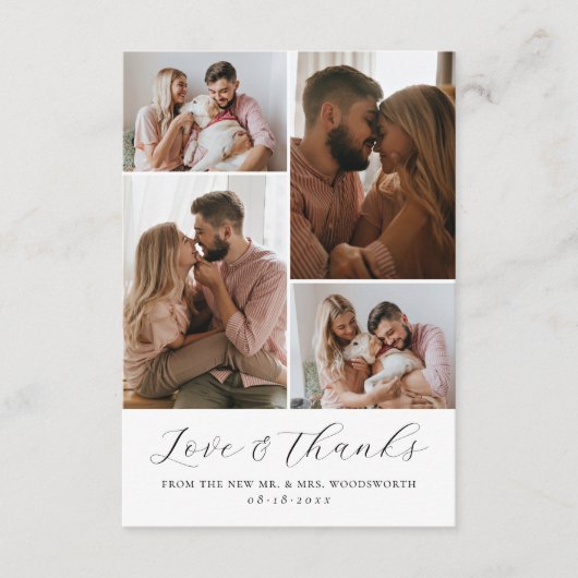 Elegantes Script Minimalistisch 4 Foto Collage Wed Dankeskarte (Vorderseite)
