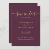 Elegantes Script Minimalistisch Burgundy Gold Wedd Save The Date (Vorne/Hinten)
