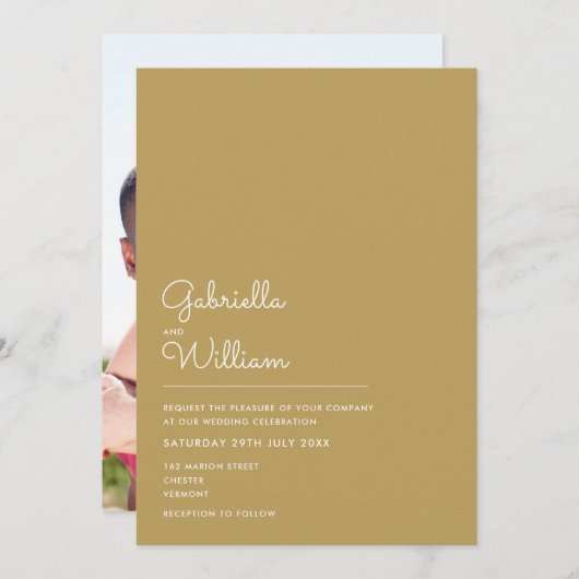 Elegantes Script Minimalistisch Gold Foto Hochzeit Einladung (Vorne/Hinten)