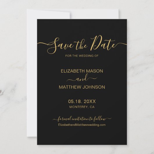 Elegantes Script Minimalistisch Gold und Black Wed Save The Date (Vorderseite)